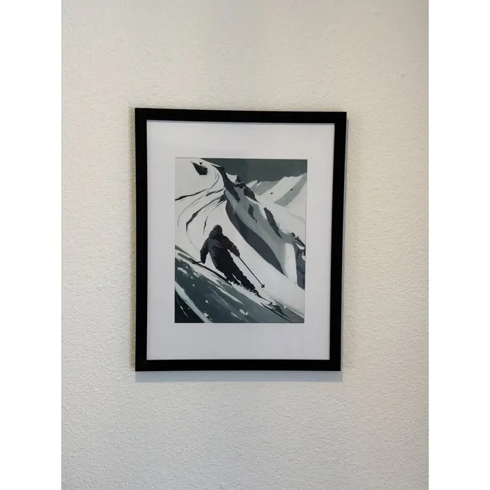Framed Abstract B&W Skier Painting Print — Dynamic Snow Art